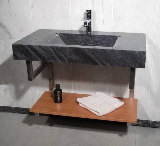Naturstein Waschbecken Granit Vizag-Blue Ablageplatte Holz Naturstein Waschbecken Granit Vizag-Blue Ablageplatte Holz